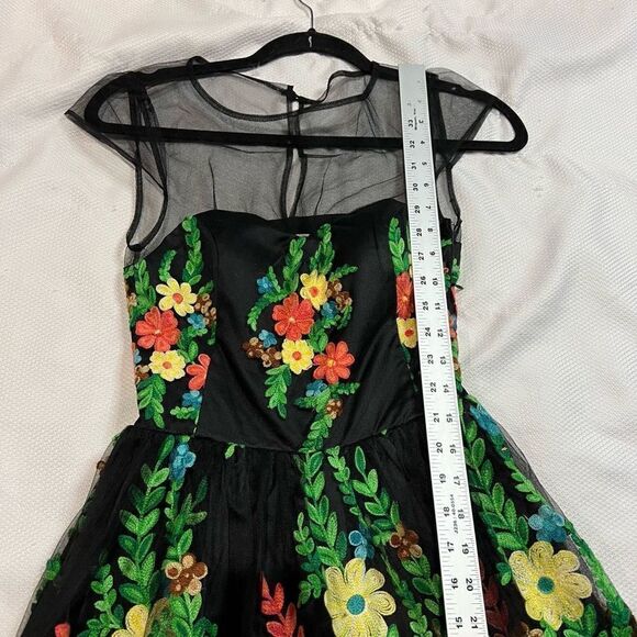 ModCloth Black‎ Bright Garden Floral Sheer Mesh Shoulders Dress - Picture 5 of 10